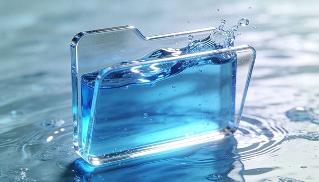 Transparent glass folder splashing cyan water on reflective pool with droplets and refractions