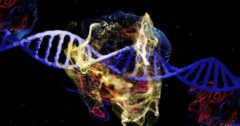 Glowing blue dna double helix with neon particles and golden energy flow