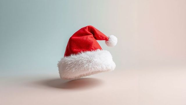 Floating Santa Hat with Plush White Fur Brim and Pom-Pom on Pastel Gradient Background