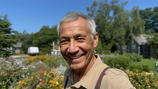 Smiling man taking selfie in lush flower garden