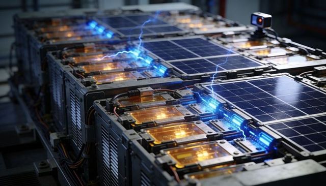 Modular ev battery rack charging with solar panels and blue busbar sparks in lab
