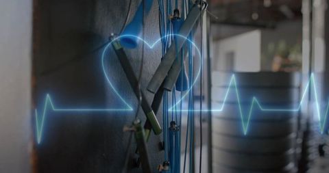 Displaying neon heartbeat overlay on hanging resistance bands and handles in minimalist gym