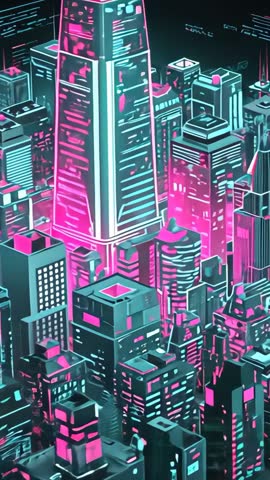 Vertical Neon City Orbit Revealing Cyberpunk Skyscraper and Floating Glyphs
