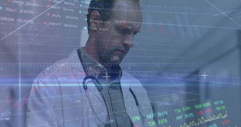 Doctor analyzing digital stock data through hologram technology