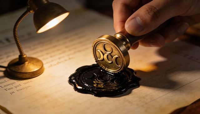Pressing antique brass seal creating glossy black wax seal on aged parchment under lamp