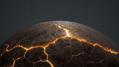 Glowing cracked sphere with molten earthquake fissures