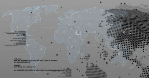 Visualizing Global Cybersecurity Network with World Map, Data Nodes and Code Overlay