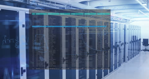 Animated Data Processing Overlay on Computer Server Racks