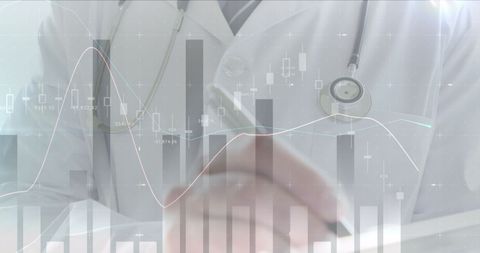 Caucasian Doctor Analyzing Data Overlaid with Medical Infographics