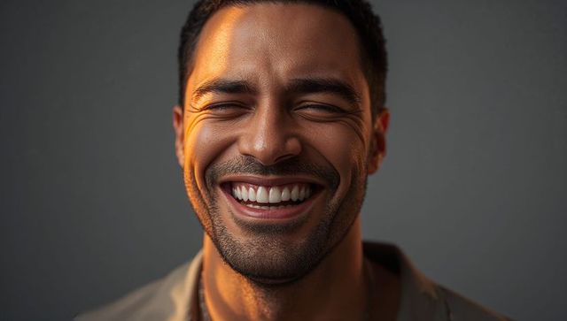 Joyful laughing man closeup confident headshot with warm rimlight and natural smile