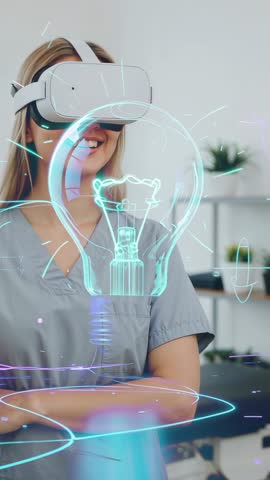 Nurse Wearing VR Headset Watching Neon Hologram Lightbulb Rotating in Medical Simulation