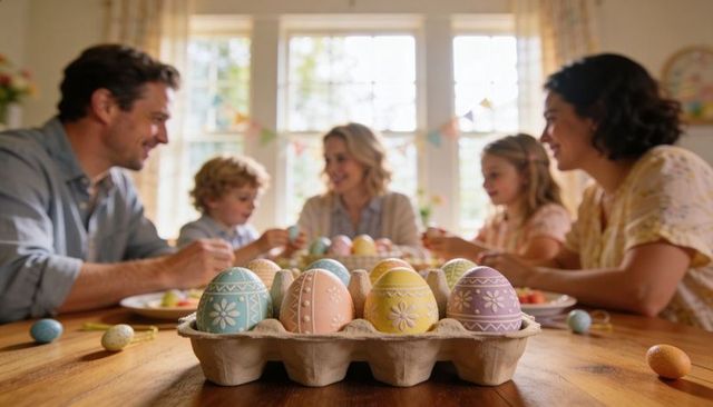 Family decorating pastel easter eggs together, carton of handpainted eggs on wooden table