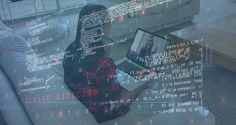 Cybersecurity Concepts Overlay with Woman on Video Call
