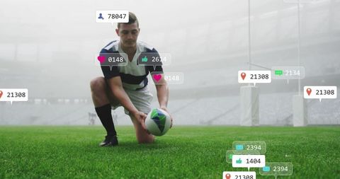 Focused Rugby Player With Digital Interaction Icons at Stadium