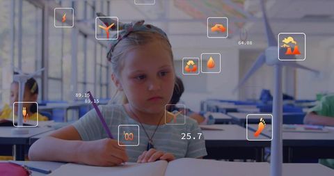 Elementary student learning renewable energy with augmented reality overlays in classroom