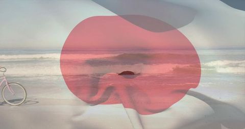 Dreamy pastel beach featuring translucent red overlay, calm surf and vintage pink bicycle