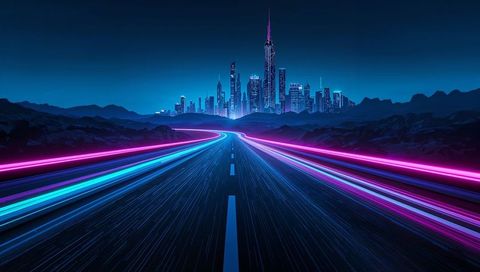 Neon-lit highway leading to futuristic skyline with cyan magenta light trails
