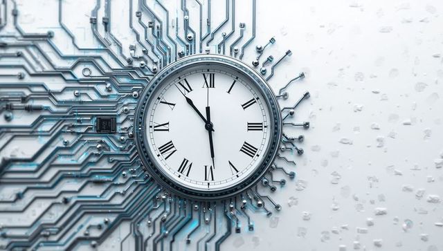 Analog clock blends with circuitry roman numerals on microchip surface