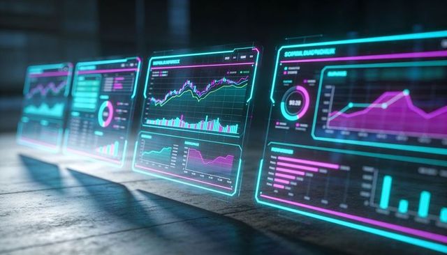 Futuristic Holographic Data Dashboards Displaying Neon Magenta Cyan Analytics on Concrete