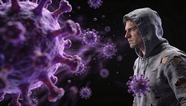 Staring man in torn gray hoodie confronting looming purple virus particles, tension isolation
