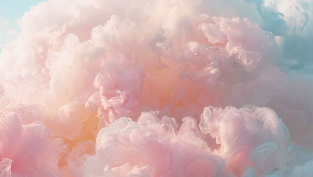 Drifting pastel cloudscape with ethereal pink swirls and warm inner glow