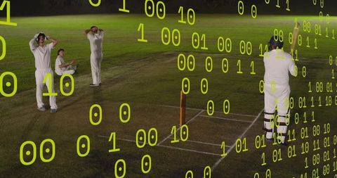 Cricket players reacting on night pitch with neon binary code overlay for sports analytics