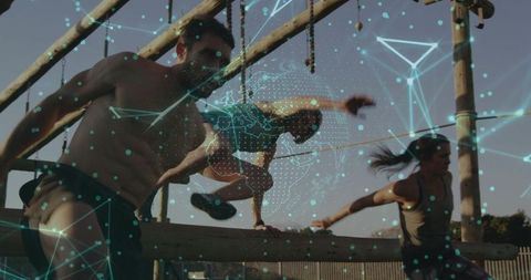 Athletes Tackling Outdoor Obstacle Course with Tech Overlay