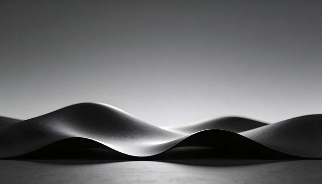 Monochrome minimalist wave sculpture of overlapping curved sheets with rim highlights, matte finish