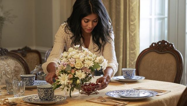 Indian woman arranging elegant floral centerpiece on formal dining table with blue porcelain
