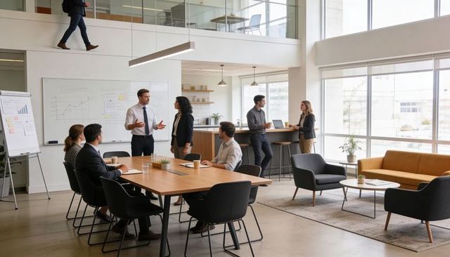 Business team discussing strategy at whiteboard in bright open-plan office