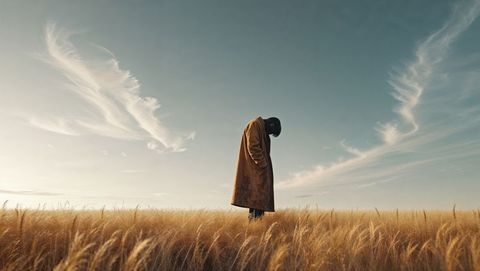 Silhouetted figure in field under dramatic sky, forgiveness concept