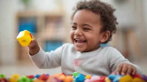 Laughing Toddler Playing with Colorful Blocks in Home Playroom Video Clip