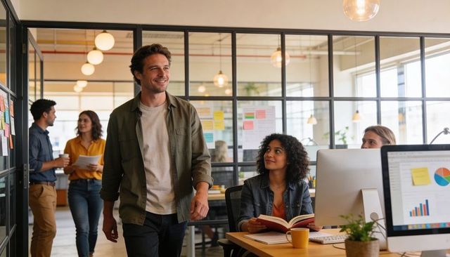 Smiling young professional walking through modern open-plan office while team collaborating