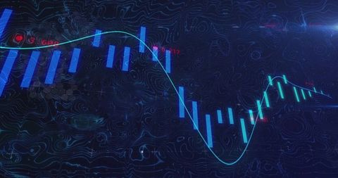 Futuristic financial chart with blue candlesticks, cyan trend line and red markers on dark backgroun