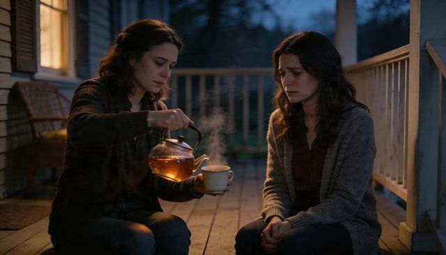 Evening comfort: pouring tea for distressed friend on porch at twilight showing care