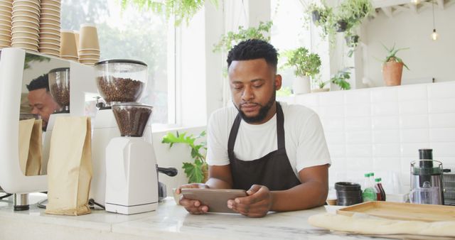 African american male cafe owner standing by counter using tablet at cafe. small independent cafe business.