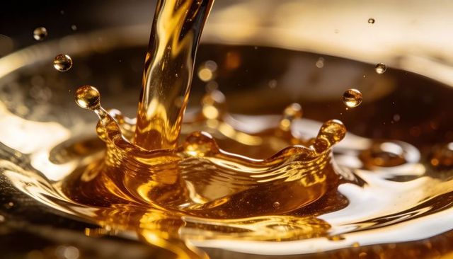 Pouring amber syrup forming crown-shaped splash macro with glossy droplets and reflections