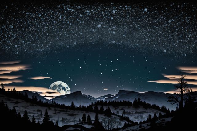 Starry skies and full moon over mountains landscape at night, created using generative ai technology - Download Free Stock Photos Pikwizard.com