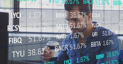 Businessman Analyzing Stock Data with Coffee in Modern Office