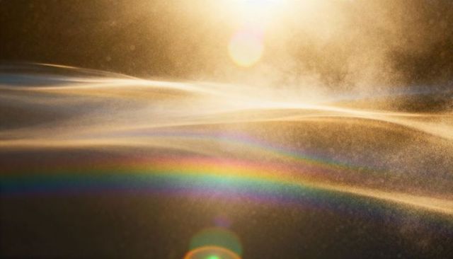Golden light wave with rainbow mist, sun flare and prism bokeh for abstract backgrounds