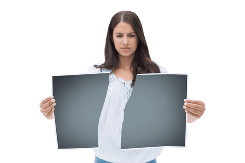 Upset Woman Holding Torn Placard on Transparent Background