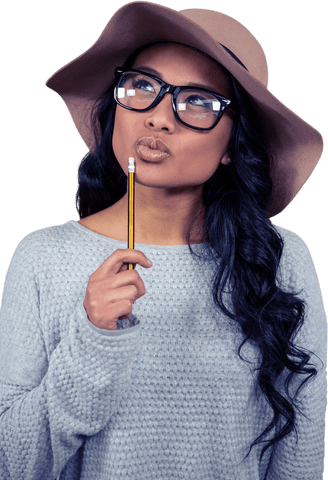 Transparent Thoughtful Woman Holding Pencil with Artistic Hat