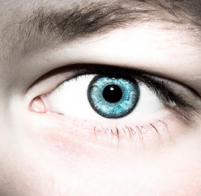 Close up of blue eye of caucasian man looking at camera. Eyes, vision and sight concept.