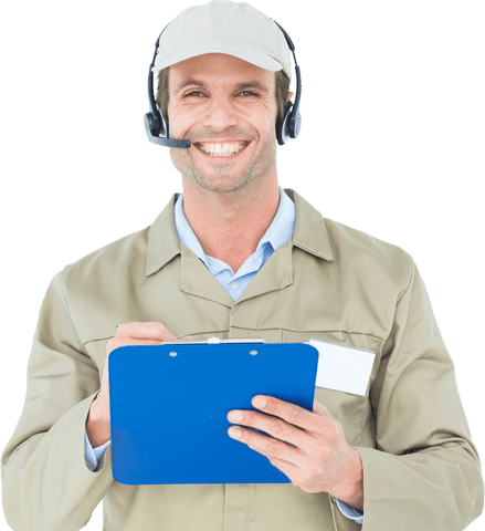 Transparent Delivery Man with Headset Holding Clipboard and Smiling - Download Free Stock Videos Pikwizard.com