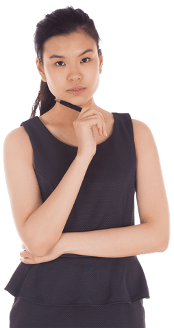 Transparent Businesswoman with Pen Thinking Posing Confidently