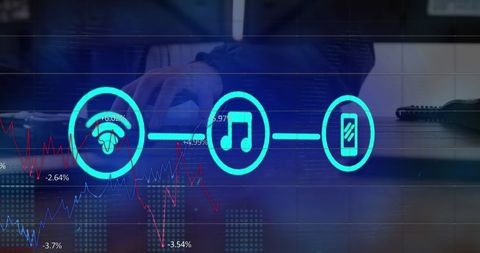 Connected Media Icons Over Computer with Data Processing Visual - Download Free Stock Images Pikwizard.com