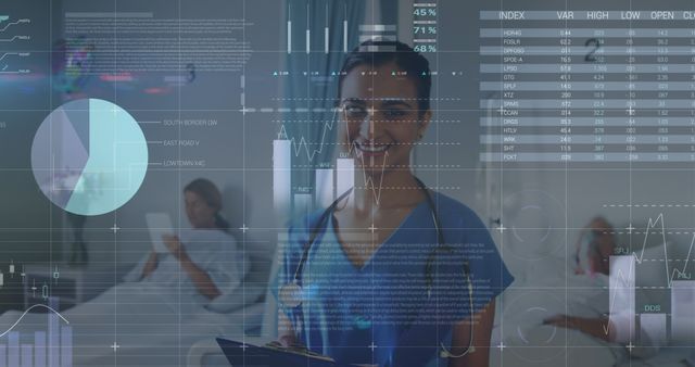 Image of financial graphs over biracial female doctor. health, medicine, finance and economy concept digitally generated image.