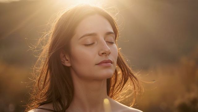 Bare-shouldered woman soaking golden hour sunlight with closed eyes, serene soft-focus portrait