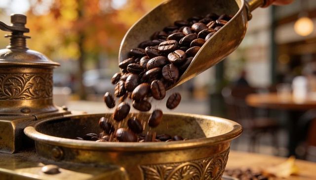 Pouring dark roasted coffee beans into ornate brass grinder bowl on autumn cafe patio