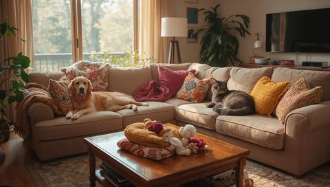 Golden retriever and gray tabby lounging on sectional sofa in cozy sunlit living room